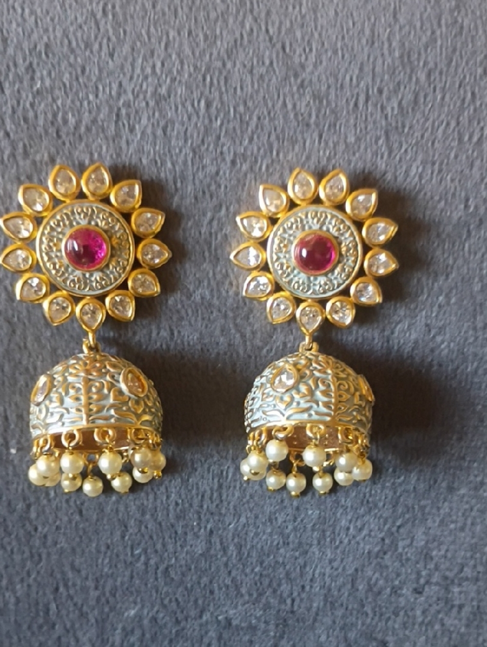 Gold Jhumka Earrings with Pink Stone and Pearl Drops - Women Jewelry